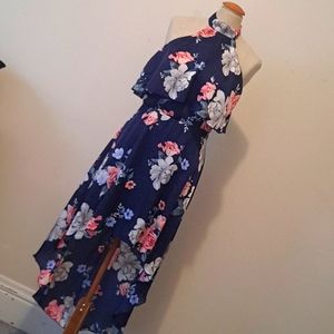 Floral Sleeveless High Low Dress High Neckline Charlotte Russe Small Navy Blue